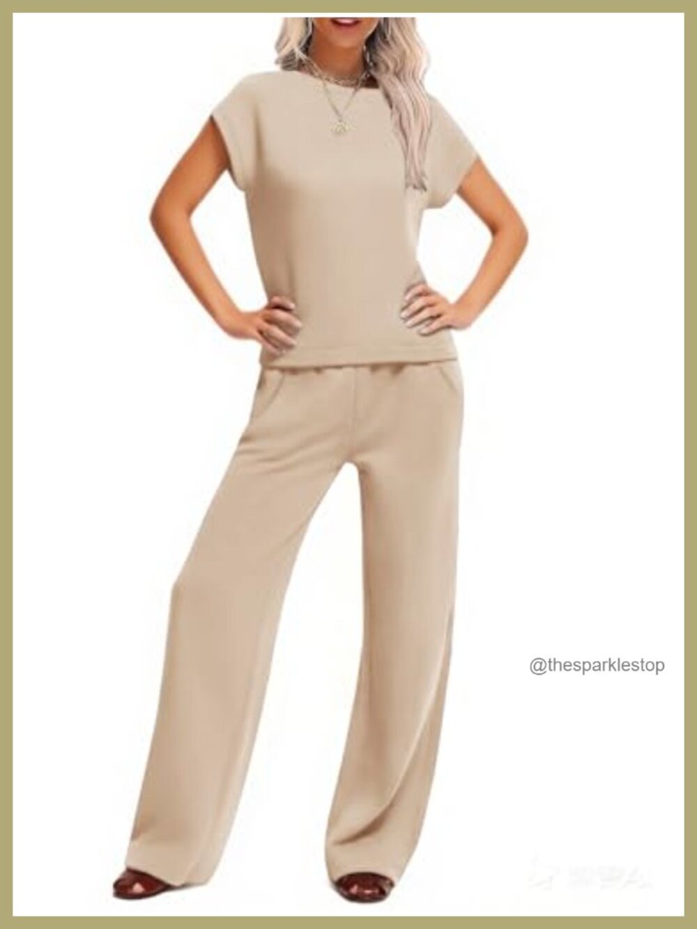 Two Piece Lounge Set Wide Leg Drawstring Pants Short Sleeve Crew Neck Tunic Top